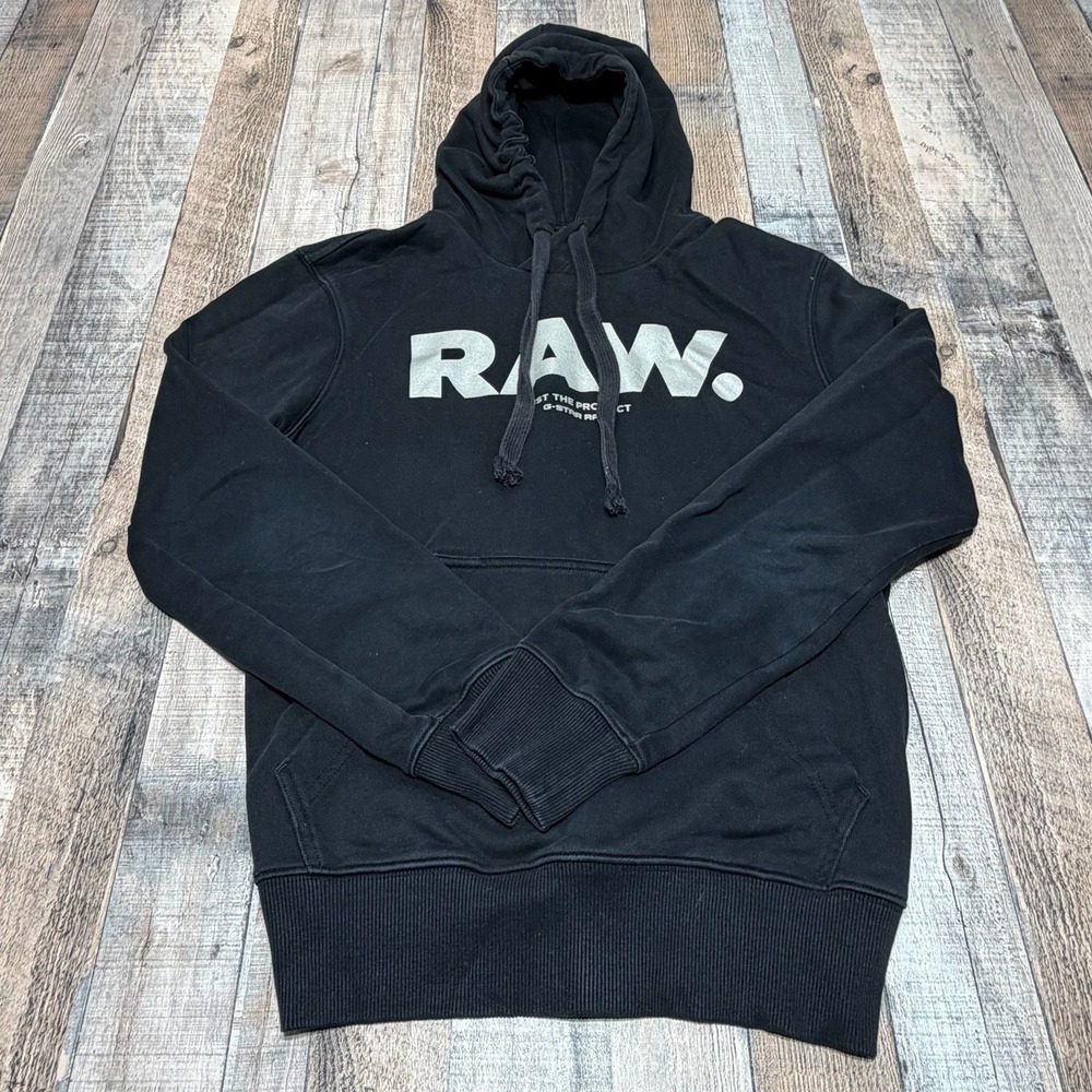 G-Star RAW Hoodie Mens Small Black Graphic Pullover Sweatshirt Logo Streetwear